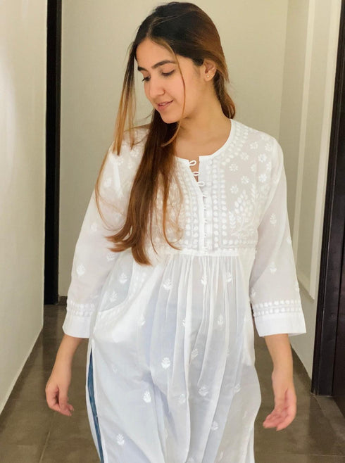Megha in House of Kari Hand embroidery Chikankari Dress-White